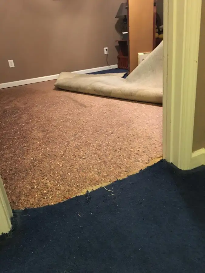 Carpet pad removal revealing water damage during Water Mitigation Services in Clinton